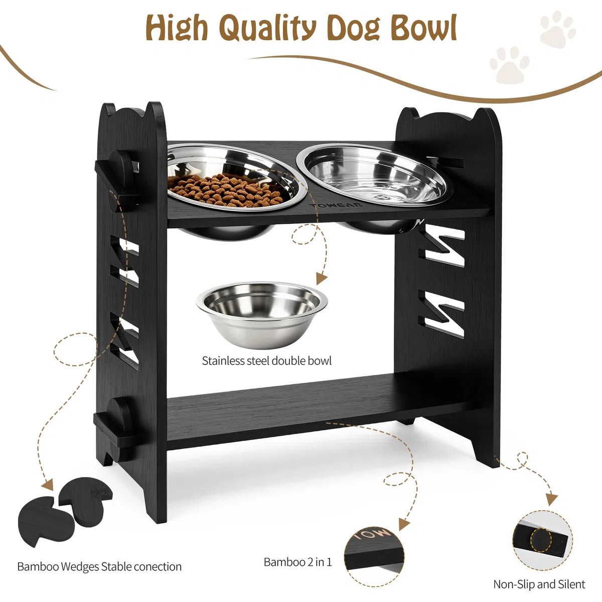 Cuenco elevado para perros, cuencos elevados para perros, 9 niveles ajustables, estación de alimentación de bambú elevada para perros, 2 cuencos de acero inoxidable para mascotas, cuencos para perros