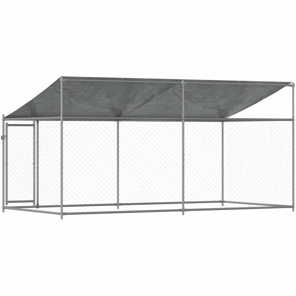 Perrera para perros con techo y puerta, gris, 4 x 2 x 2 m, acero galvanizado, caño para perros, recinto para cachorros, rejilla, cercado, jardín, exterior para protección segura y