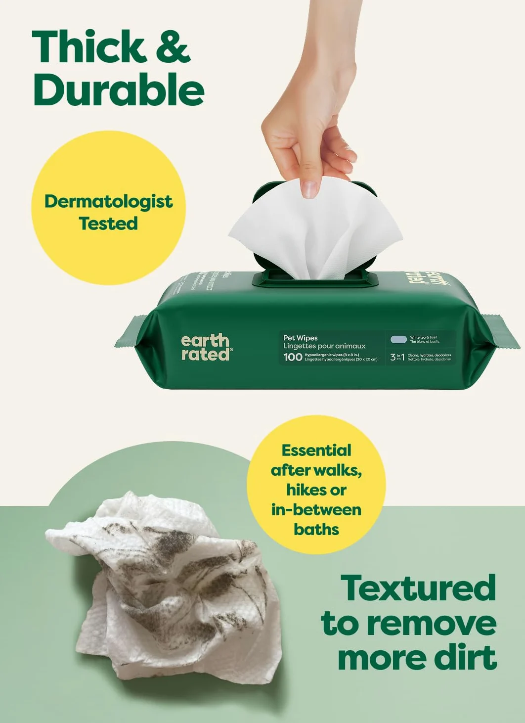 Earth Rated Toallitas para mascotas para perros y gatos, hipoalergénicas, limpieza 3 en 1, desodorizante e hidratante, para las patas de aseo, cuerpo y trasero, nuevo té blanco y albahaca escente, 400