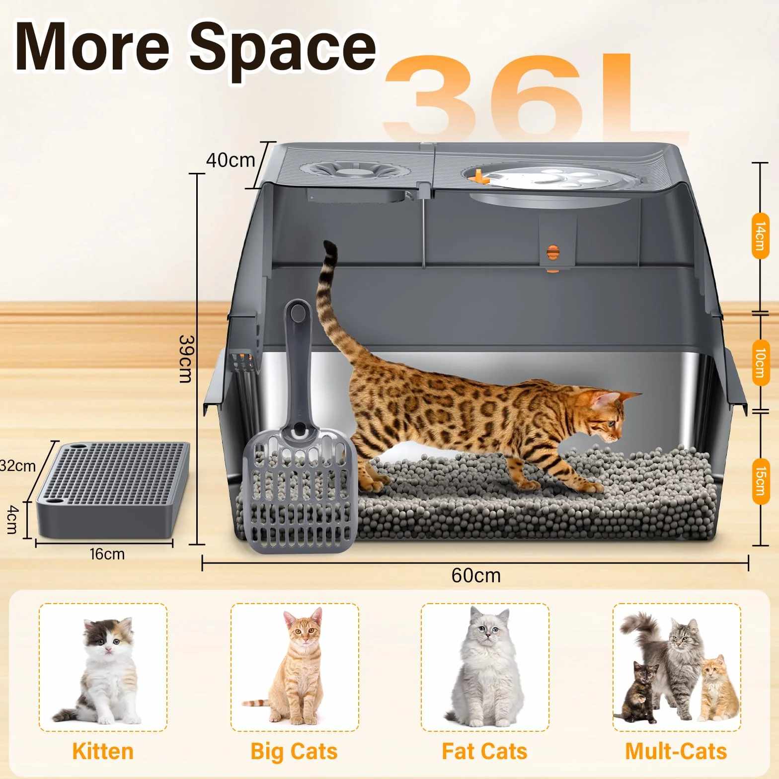 Caja de Arena Cerrada Extragrande,Arena para Gatos de Acero Inoxidable con Cubierto,Arenero Gato Grande,con Pala, Anti-Fugas, Sin Olor, Fácil de Limpiar, para Varios Gatos