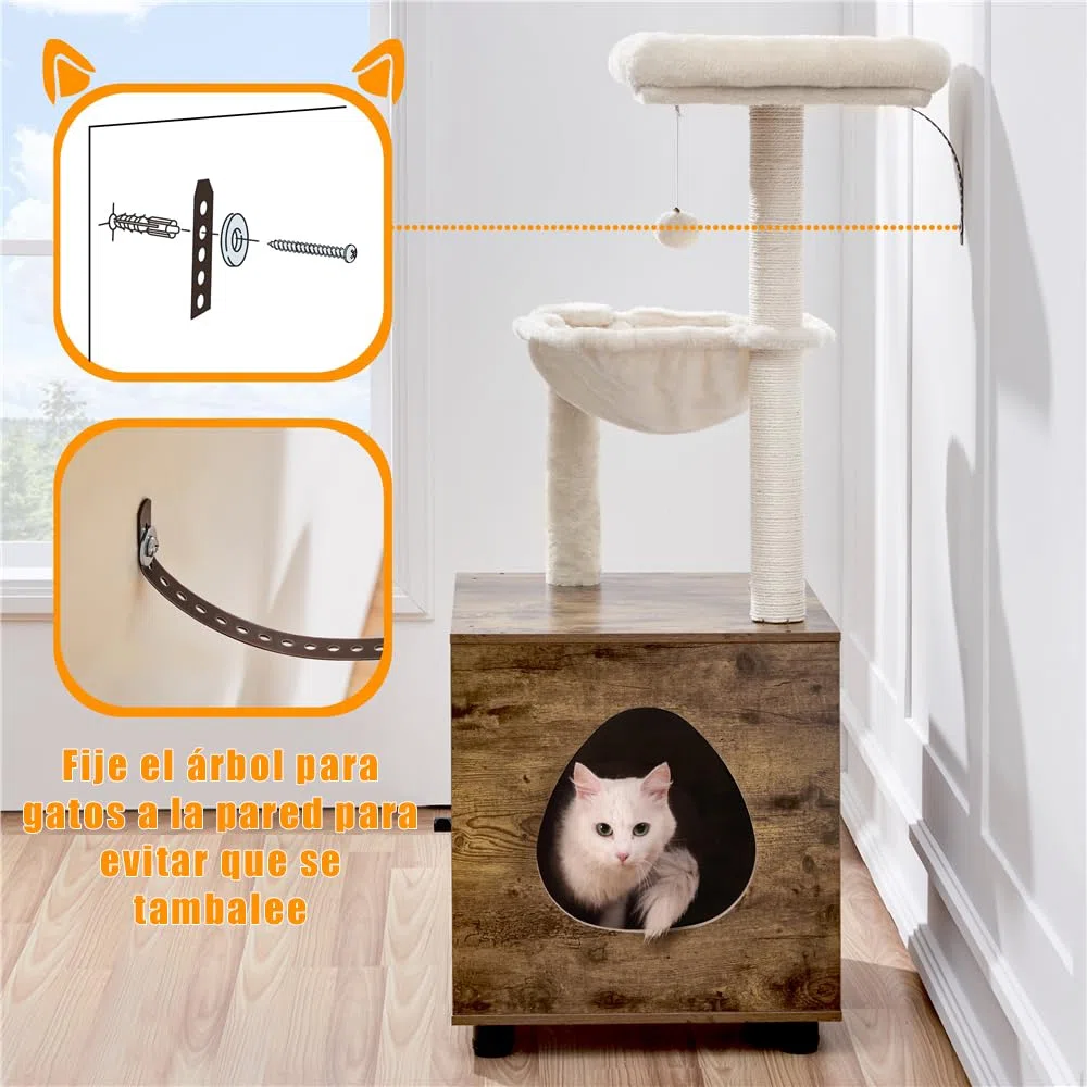 Yaheetech Árbol Rascador para Gatos con Mueble Casita de Arena 2 en 1 Altura 125 cm Marrón Rústico