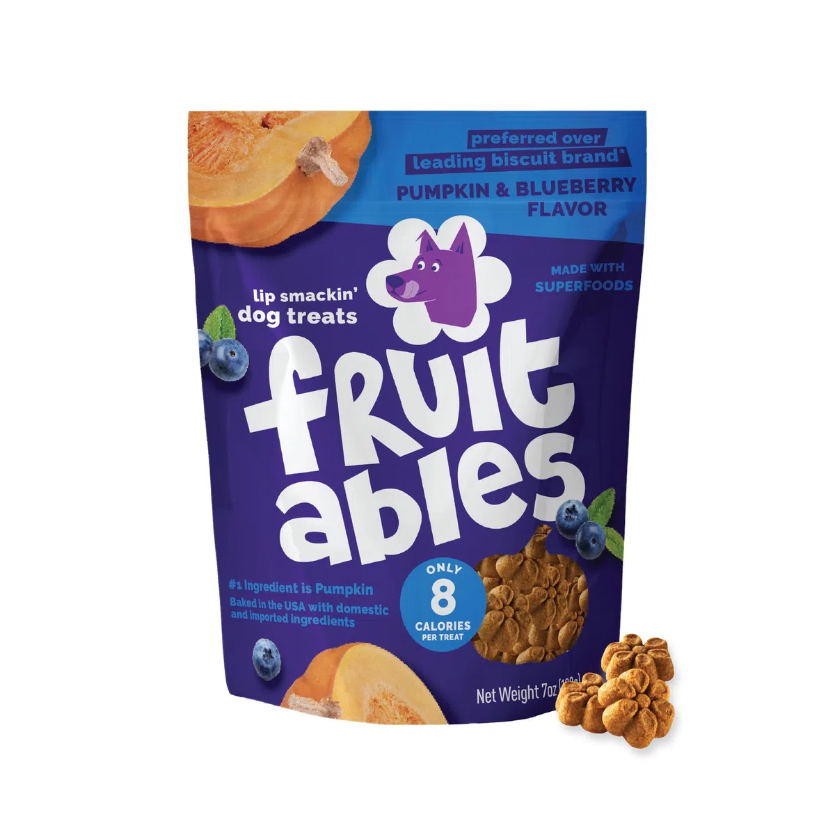Fruitables Golosinas horneadas para perros, Golosinas de calabaza para perros, saludables bajas en calorías, sin trigo, maíz ni soja - Calabaza y arándano 198g