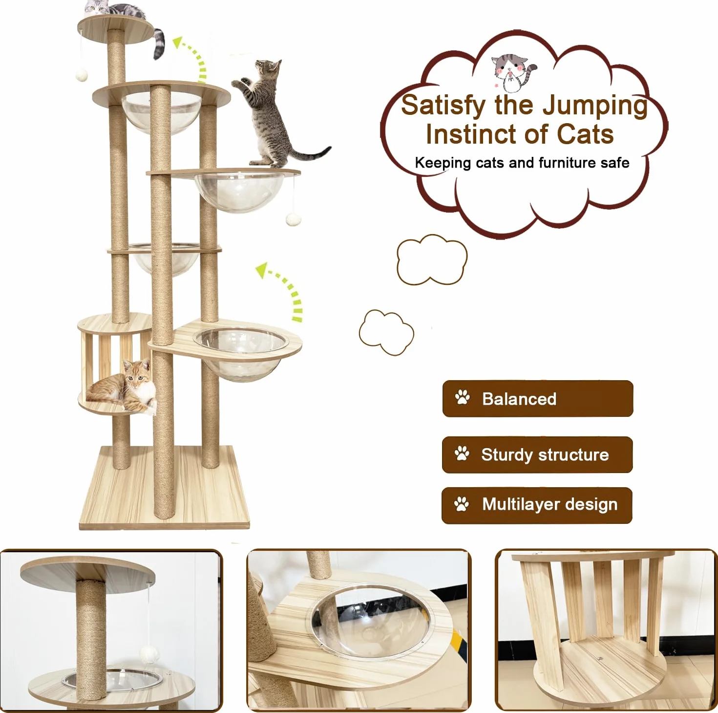 Mdpetpops Árbol rascador para Gatos de 183 cm, Grande, con 4 cápsulas, Yute, Columna rascadora, Escalera, Cueva, Juguete para Gatos, Color Madera YN-105