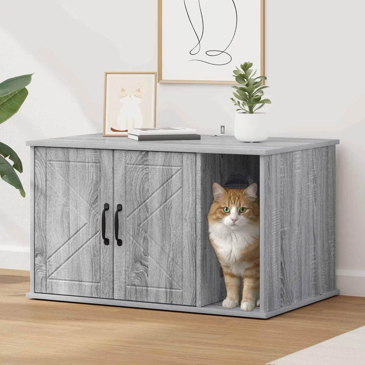 Casa rectangular para gatos gris Sonoma 85 x 55 x 50 cm de madera de ingeniería, diseño minimalista moderno para sala de estar, refugio cómodo para felino, incluye accesorios de montaje