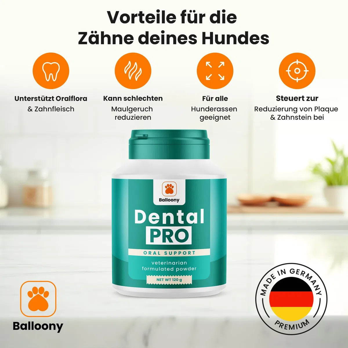 Dental PRO - Polvo dental para perros – Limpieza dental natural contra la placa y el mal aliento – Fácil aplicación diaria (120 g)