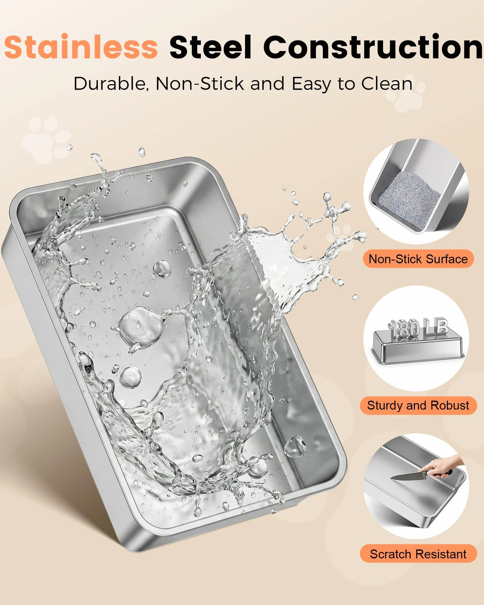 Arenero Gato Acero Inoxidable, Caja de Arenero para Gatos Grandes XXL con Pala, WC Gatos con Bordes Altos Desmontables, Antiadherente, Sin Olores y Fácil de Limpiar, Gris Claro