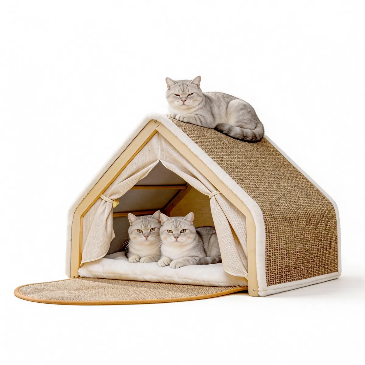 Casa para Gatos de Interior con Rascador de Sisal, Cama Gatos 2 en 1 | con Estructura de Madera, Cueva para Gatos con Cojín y Alfombrilla Rascadora, Tienda de Campaña para Gatitos