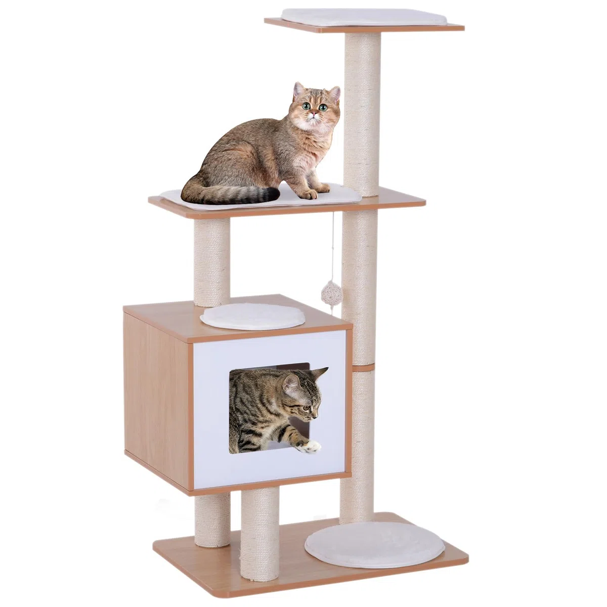 PawHut Árbol Rascador para Gatos Torre de Gato 71,5x49,5x120 cm Natural | de Madera, con Cueva, Plataformas, Postes Rascadores de Sisal, Cojines de Felpa Suave, Bolas Colgantes