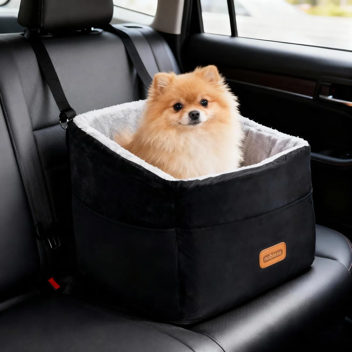 Nobleza Asiento Perro Coche Pequeño, Asiento Elevado para Mascotas con Cojín Grueso y Bolsillos, Cama Perro Coche Lavable para Perros y Gatos, 50 x 50 x 40 cm, Negro
