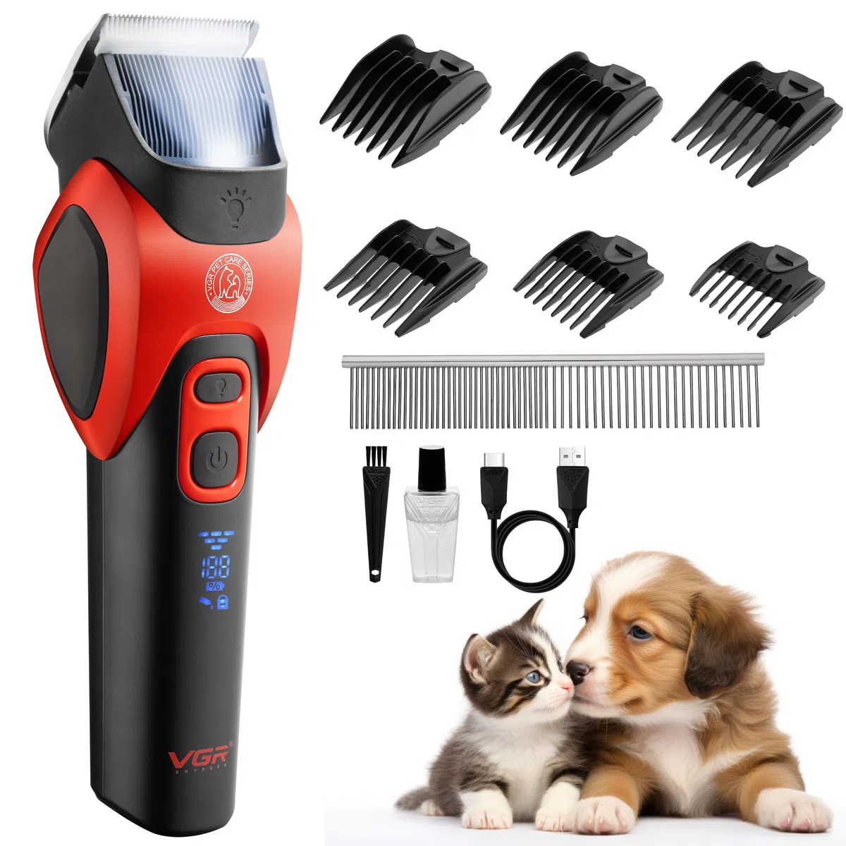VGR Cortapelos inalámbricos para perros para abrigos gruesos o rizados, recortadora de pelo de mascotas con cuchillas de cerámica, kit de aseo de bajo ruido para gatos con pelo mate, cachorro, caniche