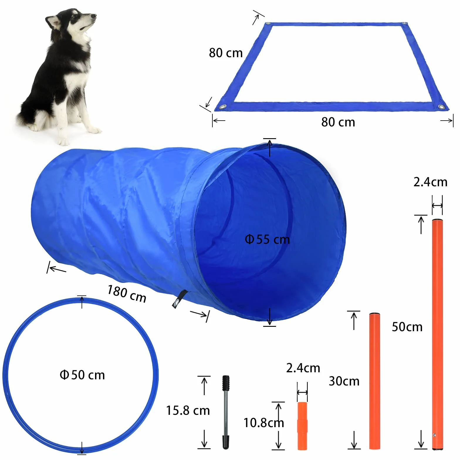 UISEBRT Juego de entrenamiento para mascotas, obstáculos con túnel para perros, obstáculos, túnel de entrenamiento, incluye barra de obstáculos, altura ajustable