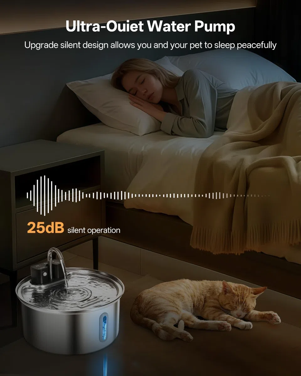 Fuente Para Gatos Inalámbrica Con Sensor De Movimiento Y Batería De 45 Días, Acero Inoxidable, 3.2 Litros, Incluye Filtro