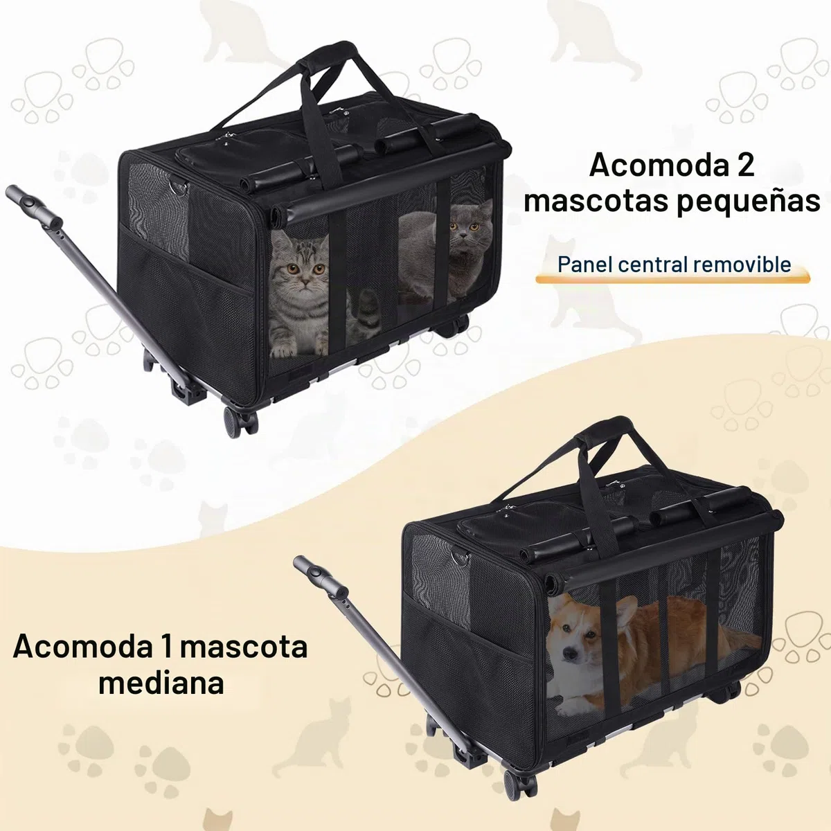 Portamascotas extragrande con dos compartimentos y ruedas desmontables para gato/perro, transportador plegable para 2 gatos, bolsa de viaje para paseo/camping (negro)