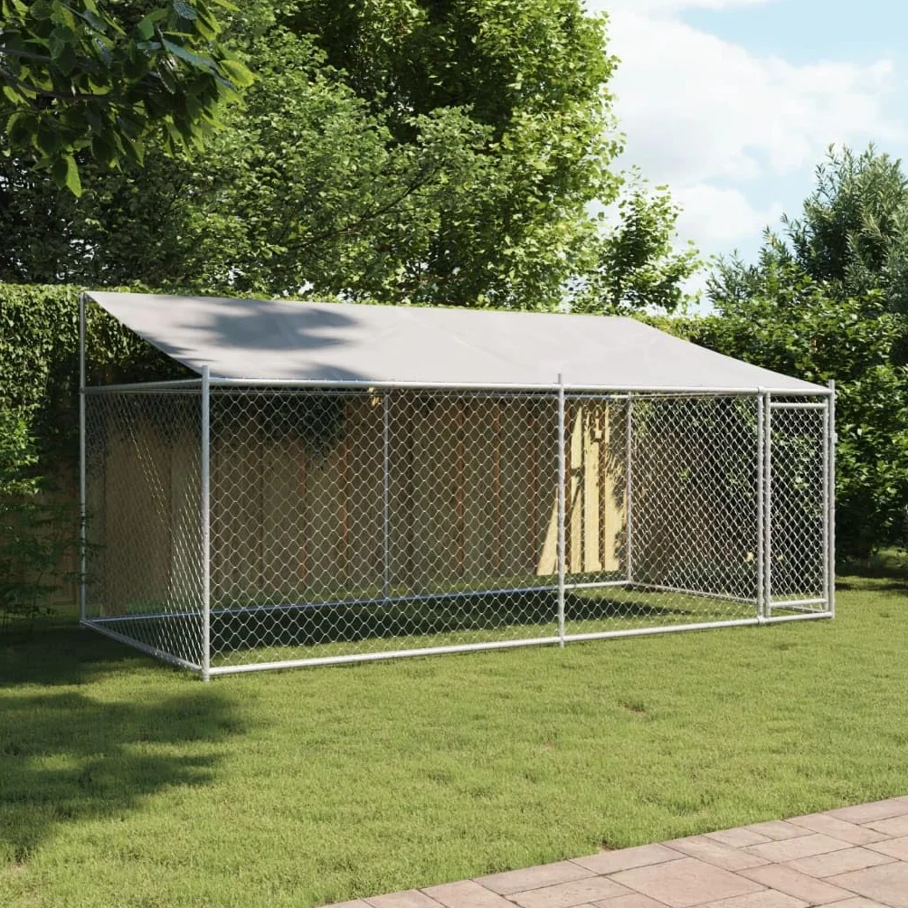 Gecheer Jaula de Perros Techo y Puerta Acero galvanizado Gris 4x2x2 m,Cercado para Perros Perrera Gallinas,Caseta para Perros Mascotas Animales Perro Grande Exterior
