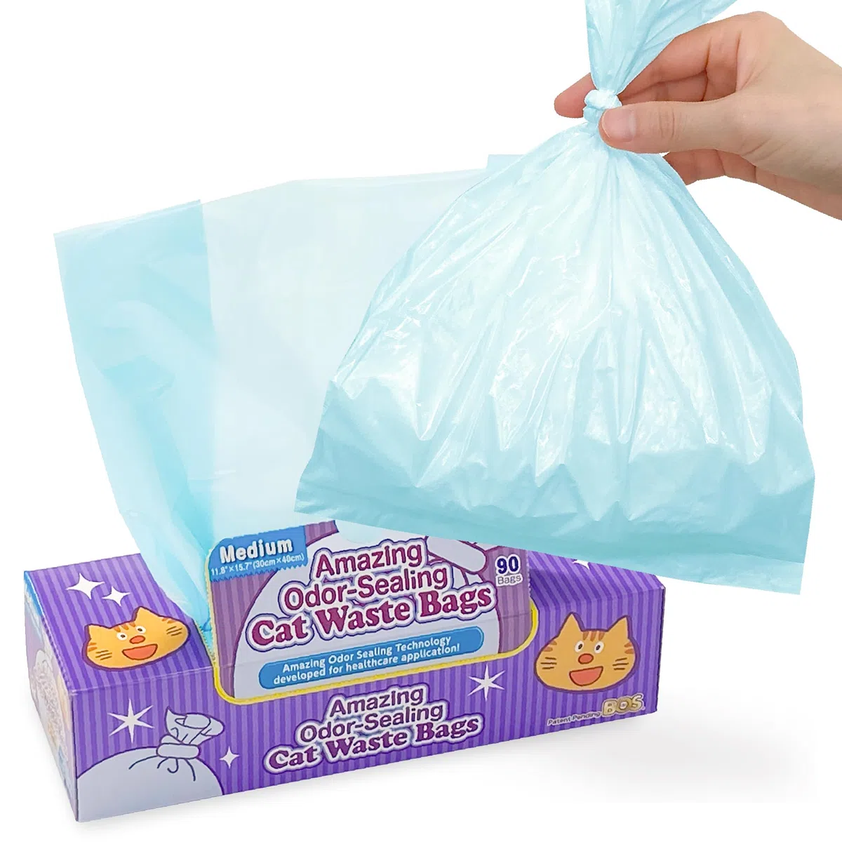 BOS Amazing Odor Sealing - Bolsas de eliminación de residuos de gatos y arena para gatos, duraderas y sin perfume (90 bolsas) [Tamaño: M, color: azul claro]
