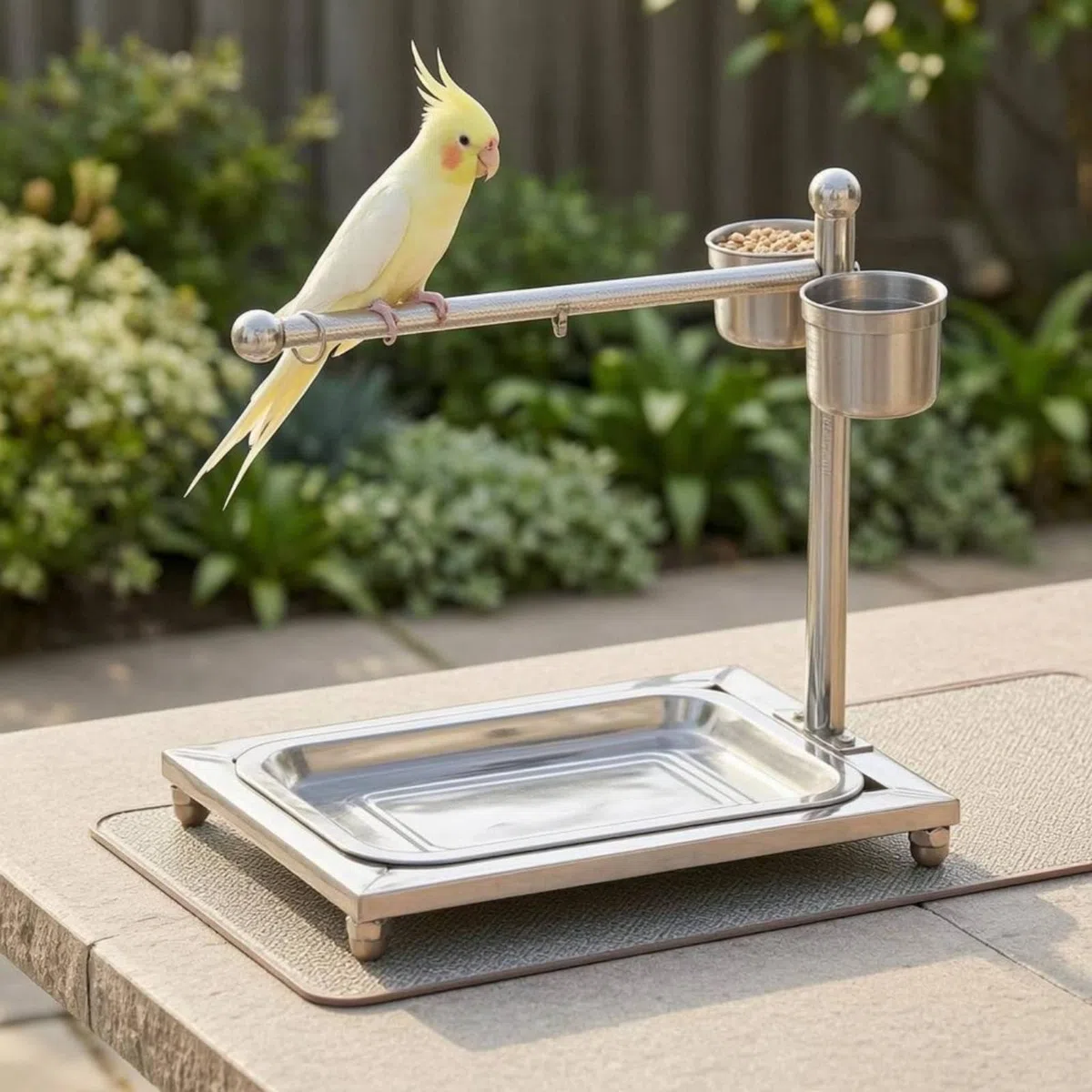 Soporte en Diseño en 7 con Recipientes Percha Acero Estructura Desmontable Artículo para Aves, Mediano