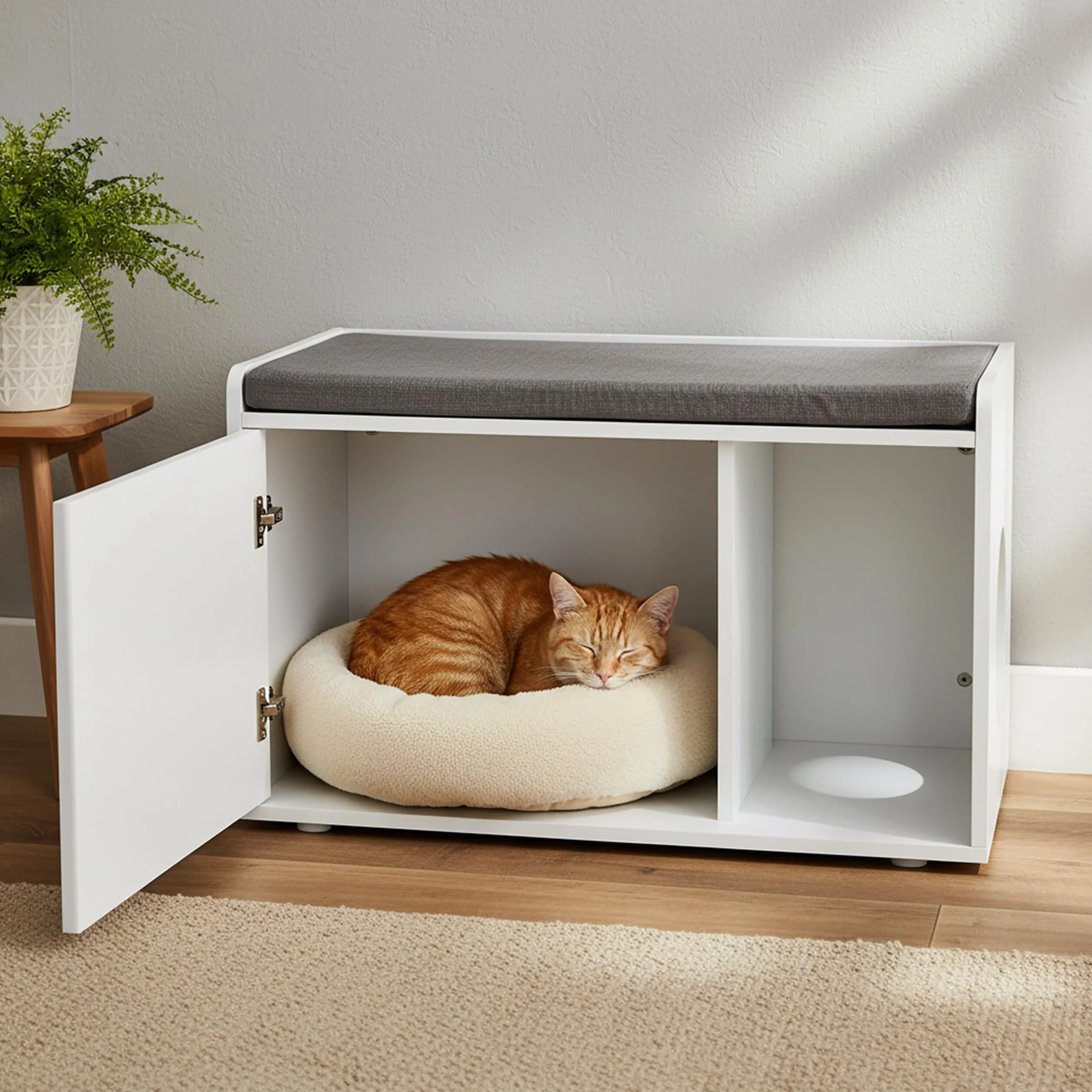 Relaxdays Mueble Arenero Gatos Asiento, 2 en 1, Cómoda Felinos con Banco, 45,5 x 75 x 43 cm, Baño Gatitos, Blanco y Gris