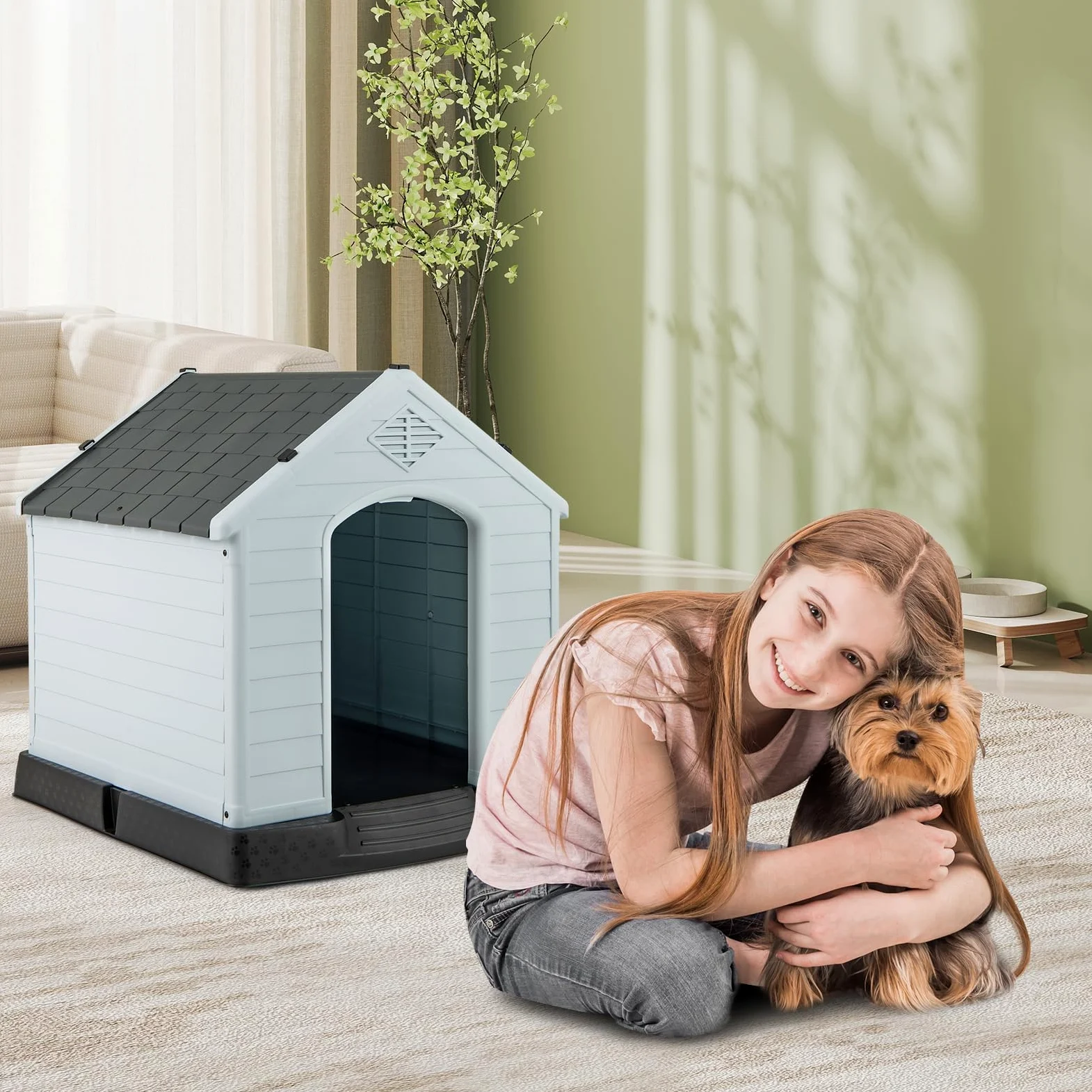 FANTASK Caseta para Perros de plástico para Exteriores, Cueva para Perros con Suelo Elevado y Techo Impermeable, para jardín, Interior y Exterior (70 x 65 x 71,5 cm, Gris)