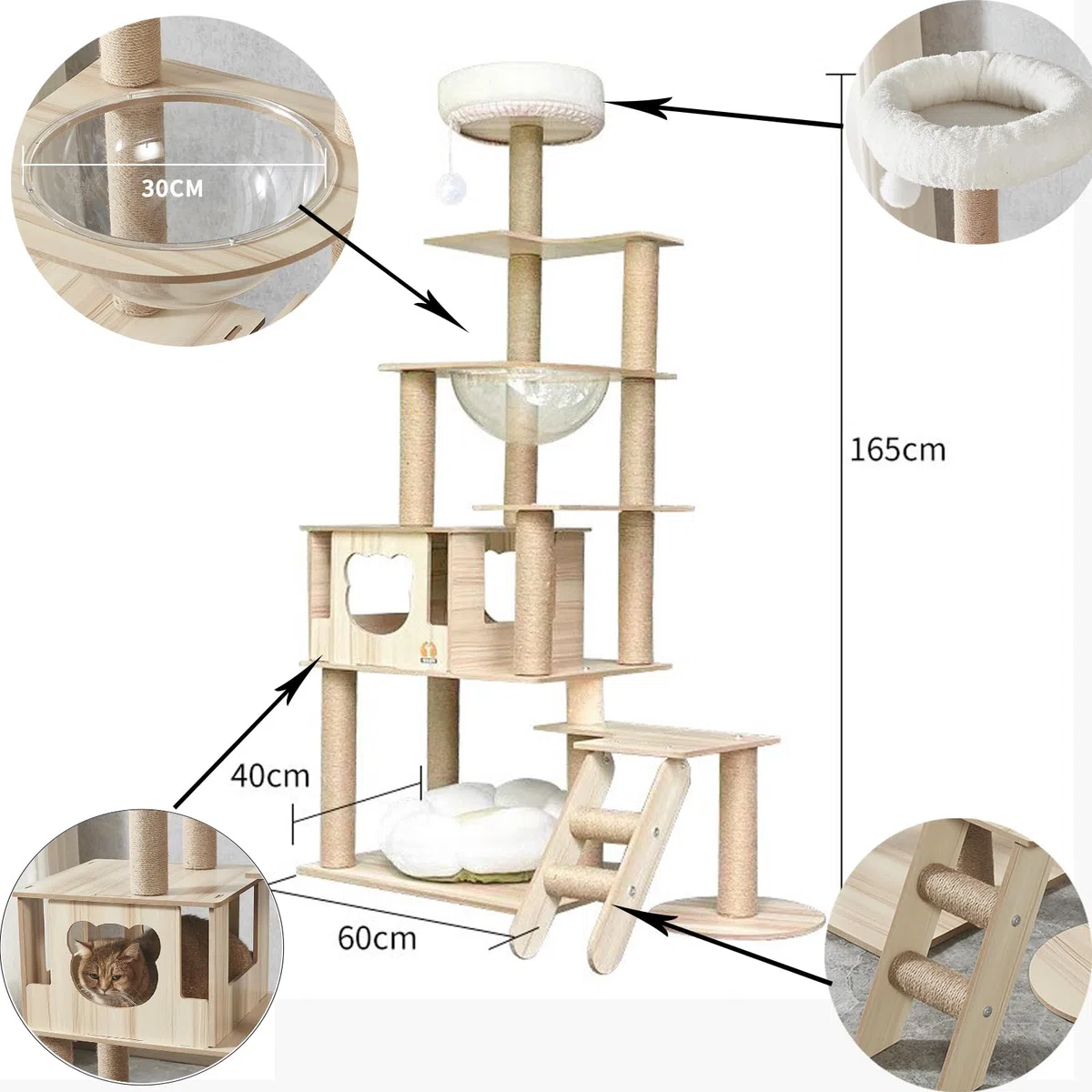 Rascador para Gatos Grandes,165 cm Arbol para Gatos con 12 Postes, 1 Casa para Gatos,Cápsula Espacial Transparente, 3 Plataformas,Pompón,1 Escalera de sisal para moler Garras(Color Madera
