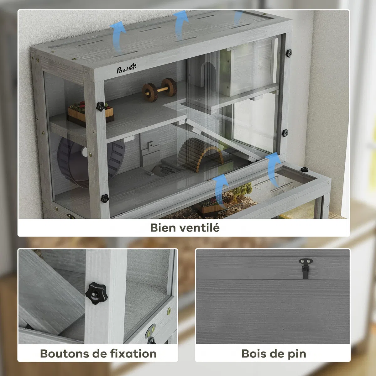 PawHut - Jaula de hámster de madera de 3 niveles con cabaña, rueda 80 x 50 x 84 cm, color gris | Jaula roedor, Rampas, Panel transparente, Espacios separados, para hámsters enanos, Gerbolitas