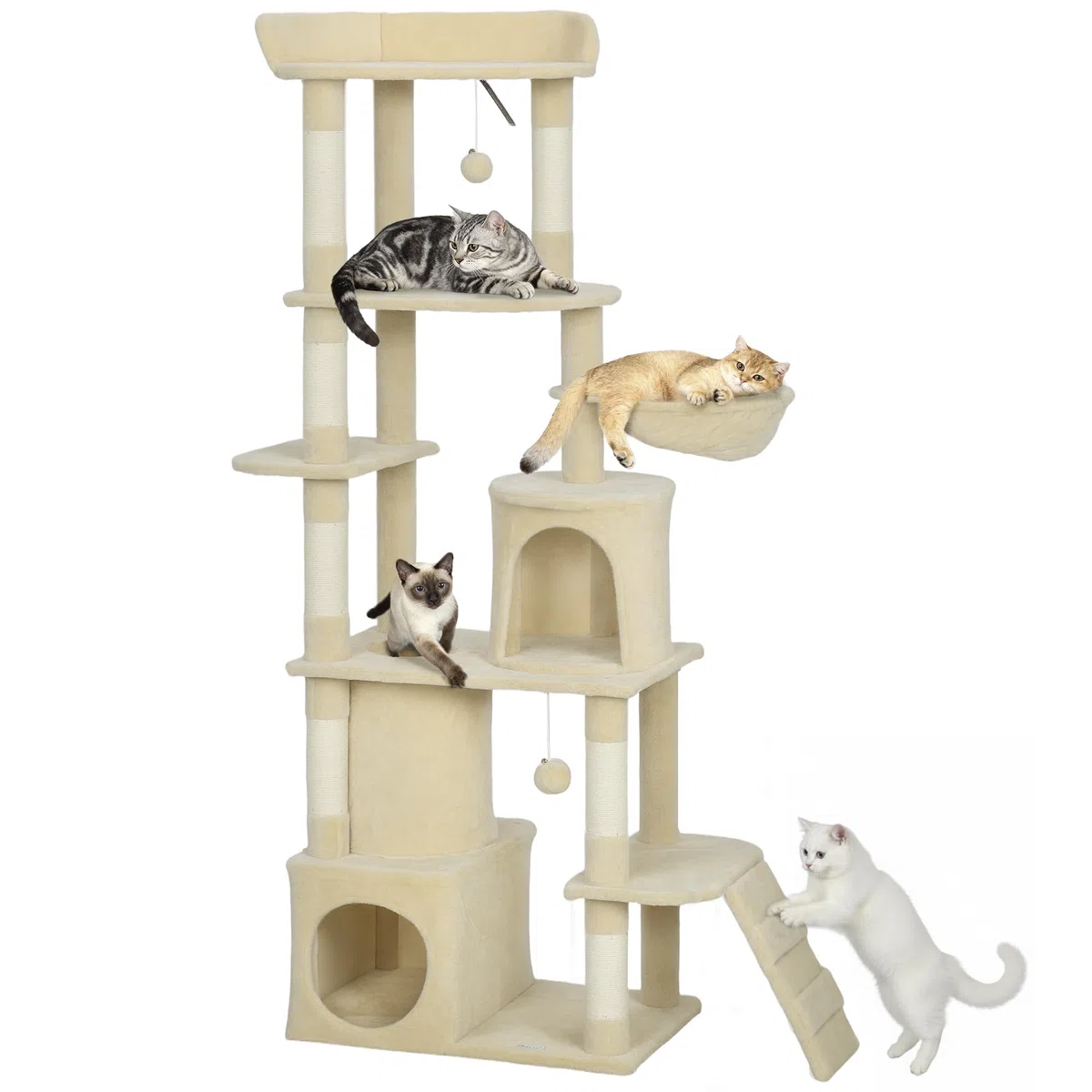 PawHut Árbol Rascador para Gatos Grande Torre de Escalada 170 cm Beige | Árbol para Gatos, 7 Postes, 1 Túnel, 3 Plataformas, 2 Cuevas, 1 Hamaca, 1 Percha, 1 Rampa, Pompones