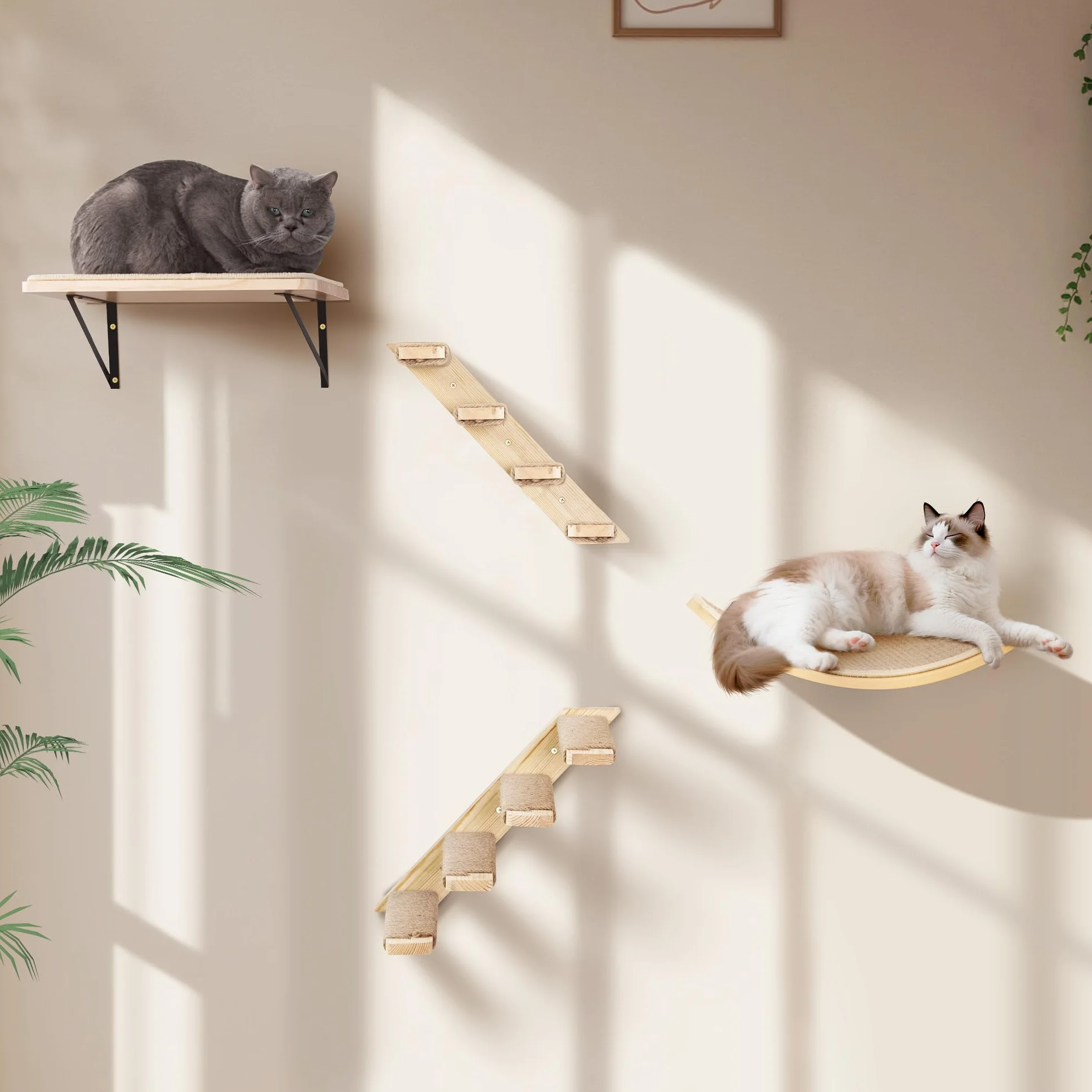 Gatos Escalada Pared Escalera Gato Juego de Pared con 2 Niveles Plataformas Cuadradas y Curvadas, Muebles de Pared de Madera para Gato Montado en Pared Juego para Escalar Jugar Dormir