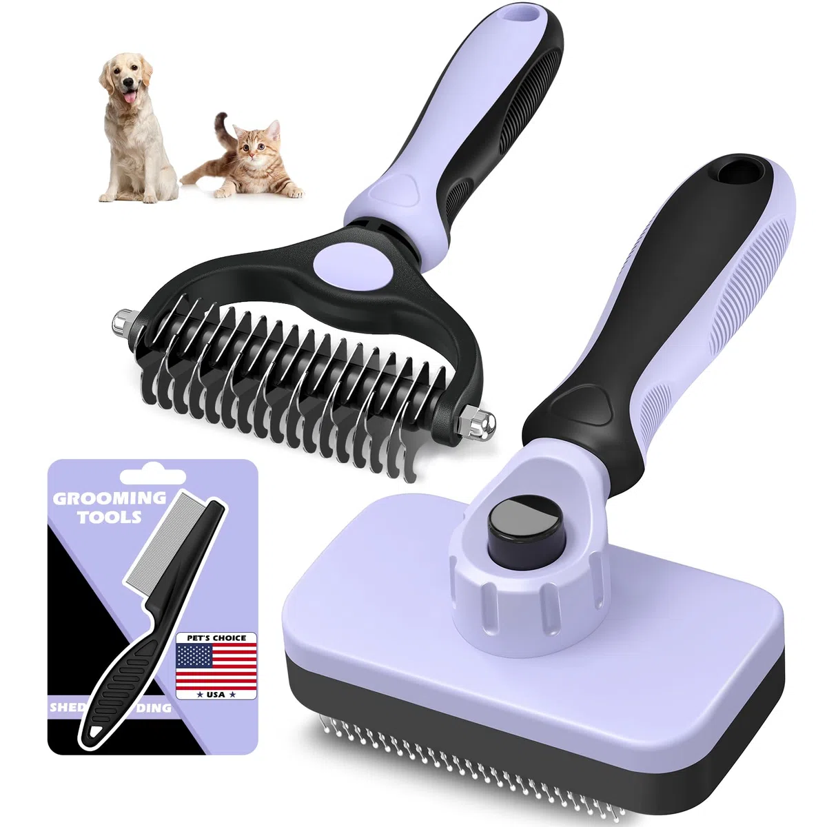 Augwind 3 cepillos para perros I Cepillo para perros para desprendimiento I Cepillo de baño para perros I Cepillo para perros I Peine para perros I Suministros premium para mascotas (morado claro)
