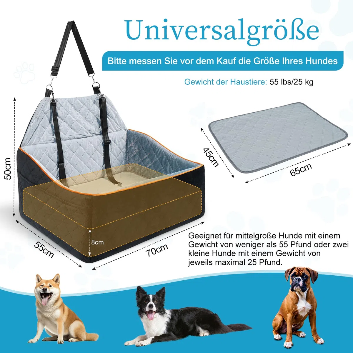 Asiento Perro Coche para Perros Medianos hasta 25 kg - Asiento Coche Perro Desmontable y Lavable con Base Antideslizante para Asiento Trasero