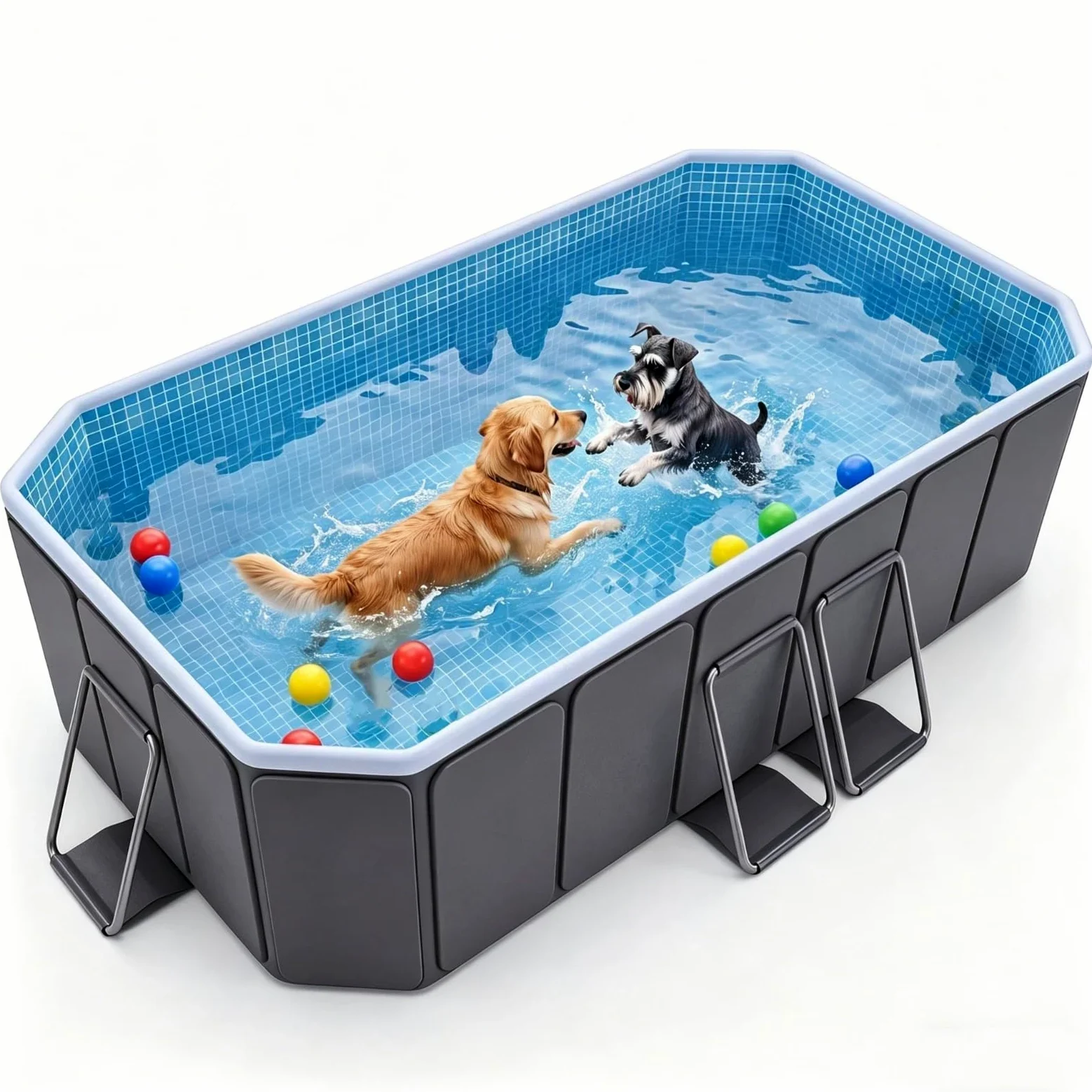 Piscina grande para perros grandes, tamaño exterior 200 x 135 x 50 cm, piscina plegable de lado duro con marco de acero, piscina no inflable para mascotas, fácil drenaje, puerto de filtro, gris