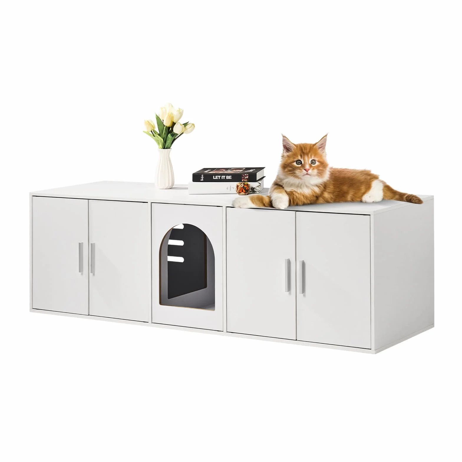 VEVOR Muebles de Baño Oculto para Gatos 1,47 x 0,46 x 0,45 m Casa de Inodoro Con Puertas Decoradas de Ratán Armario de Madera para Ocultar Las Cajas de Arena, Blanco