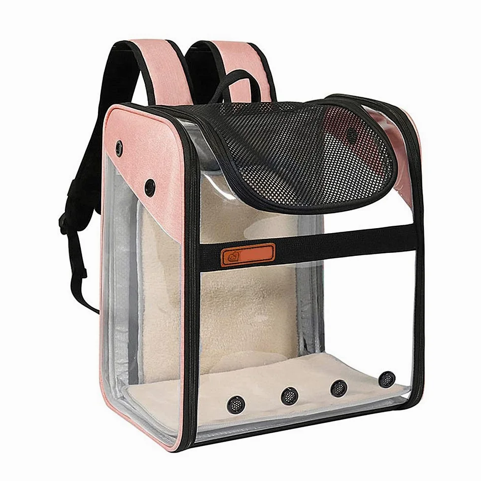 Portador de Mascota Mochila Extensible para Perro Gato 10kg, Bolsa Transporte para Viaje, Transparente Plegable Transpirable y Espaciosa con Cojín de Felpa, Transportín Aprobada por Aerolínea (Rosa)