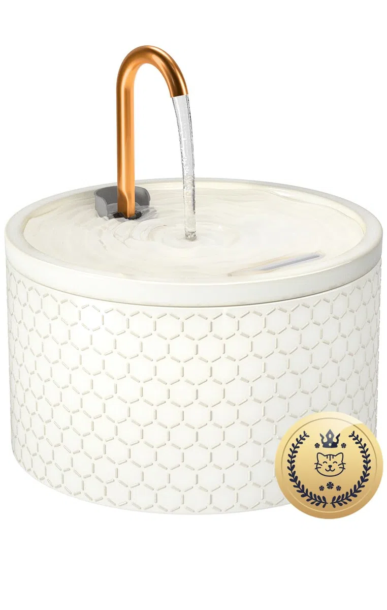 MISFANS Fuente de gato de cerámica, fuente para gato de 2,1L, dispensador de agua silencioso para mascotas, fuente de gato para varios animales, filtro para agua limpia, higiénico, diseño de panal