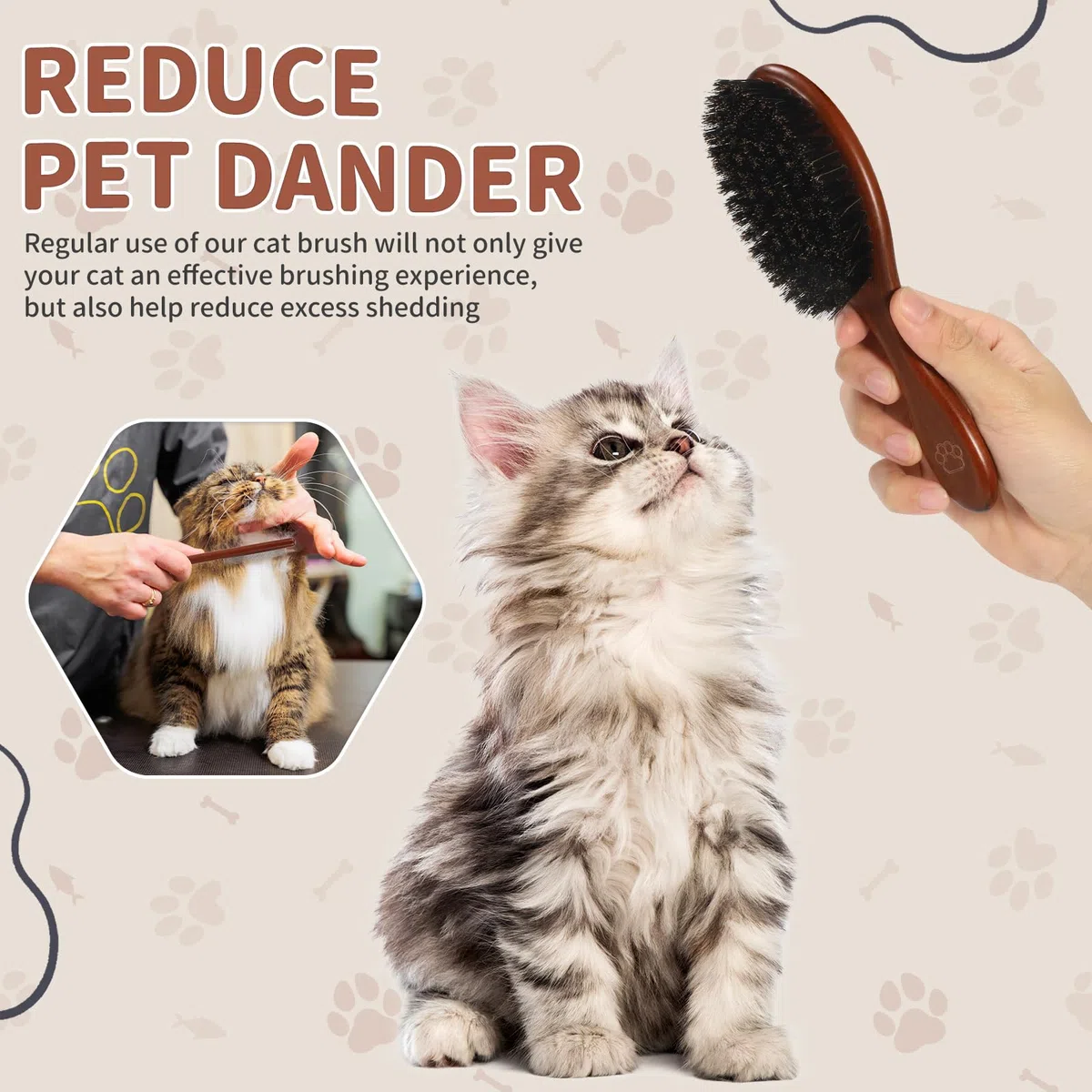 Cepillo y peine de madera para gatos, cepillo de pelo de gato con cerdas de jabalí náutrales para reducir el desprendimiento y mantener el brillo saludable, herramienta diaria de aseo de