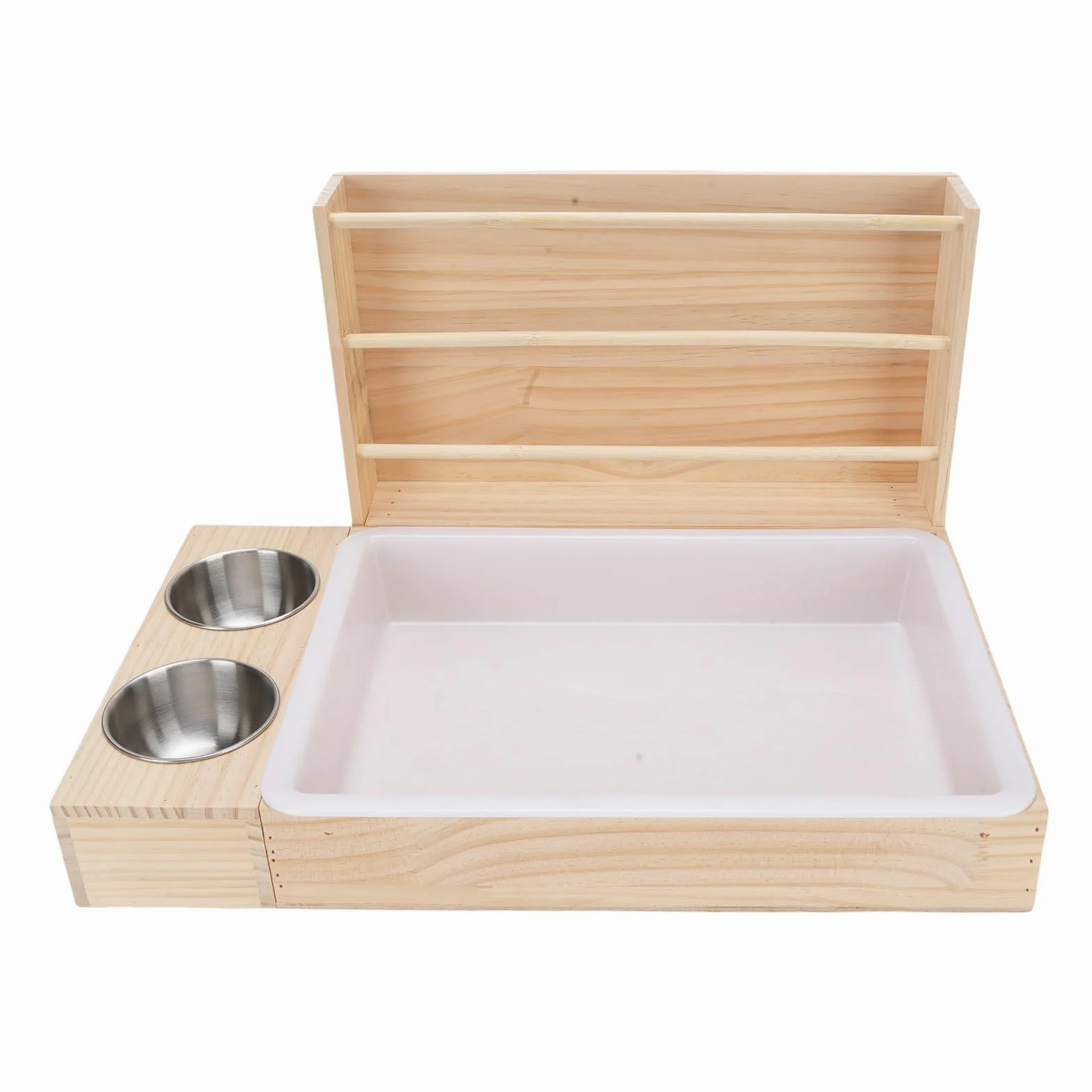 3 en 1 Alimentador de Conejo con Caja de y 2 Tazones Guinea Manger Grass Food Food Feeder Alimentador de Madera Multifuncional Estructura Anti -propina para Mascotas Pequeñas