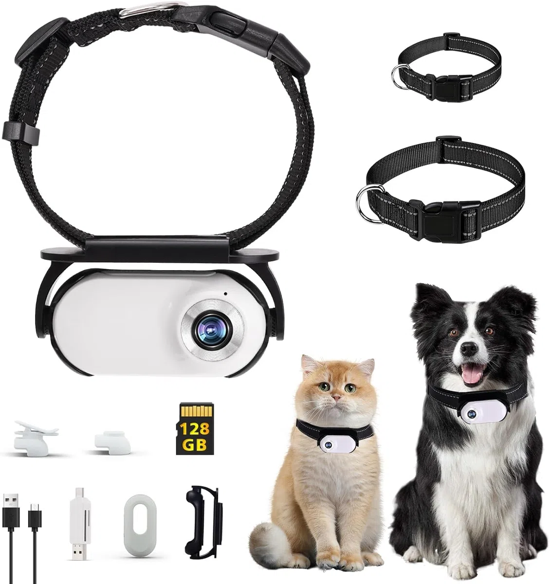 128G Blanco Gato Cámara Collar Cámara para Mascotas | Cámara para mascotas con pinzas de cámara para perros y gatos
