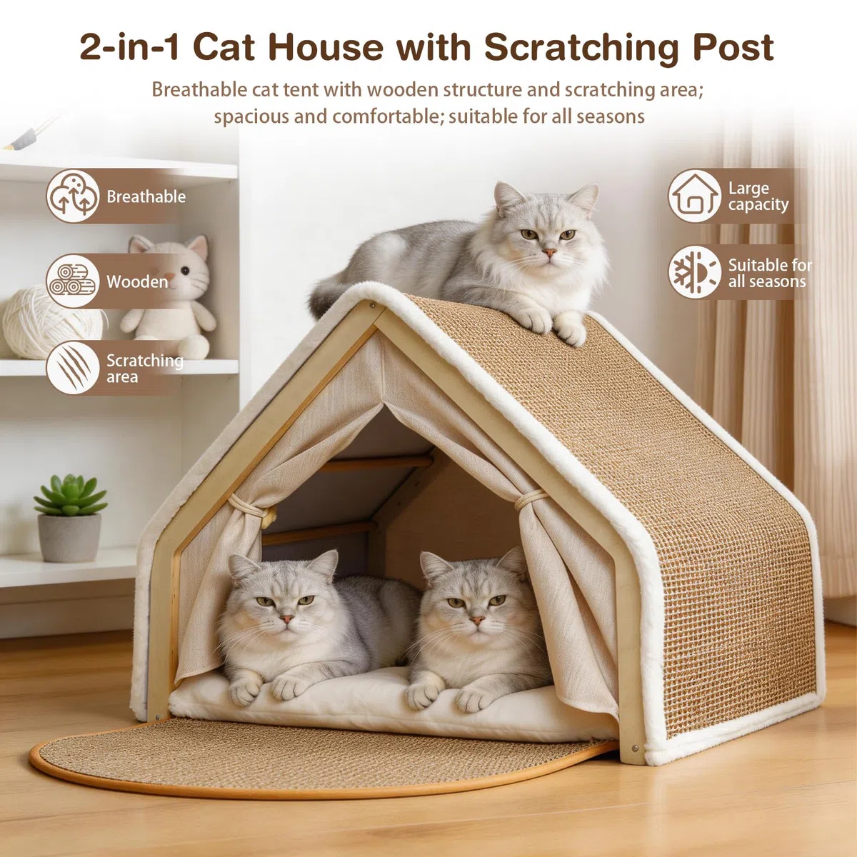 Casa para Gatos de Interior con Rascador de Sisal, Cama Gatos 2 en 1 | con Estructura de Madera, Cueva para Gatos con Cojín y Alfombrilla Rascadora, Tienda de Campaña para Gatitos