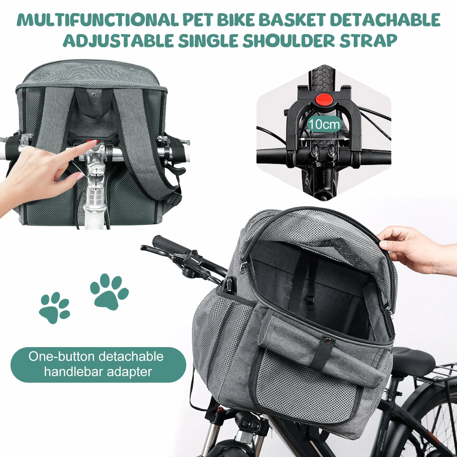 Cesta de bicicleta para perros, bolsa de bicicleta para mascotas con adaptador de manillar, desmontable, tejido de malla transpirable, correas ajustables, cesta plegable de bicicleta para mascotas
