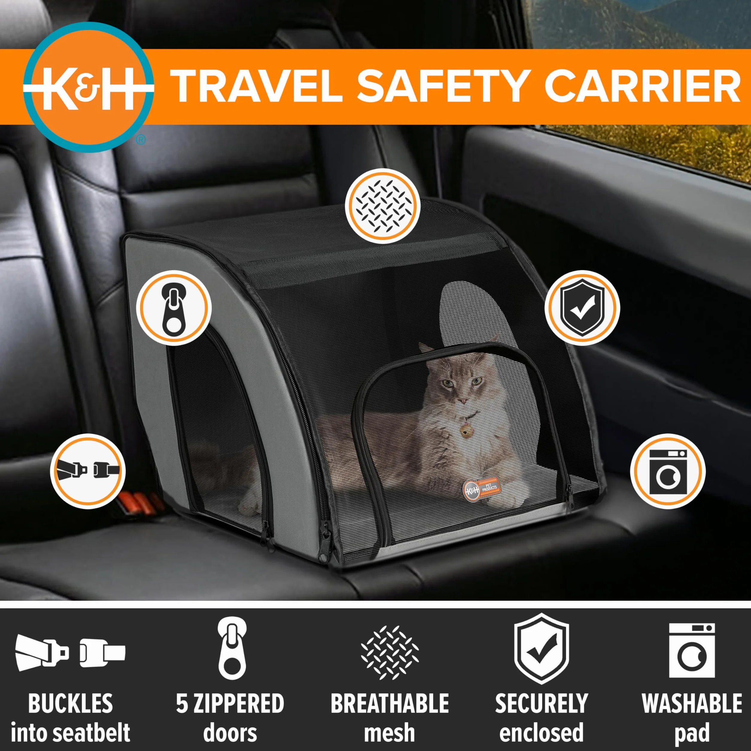 K&H Pet Products - Asiento de Coche Cerrado para Perros y Gatos, transportador de Seguridad de Viaje para Mascotas, Asiento de Coche de Viaje para Perros, transportador de Gatos Cubierto de Lados