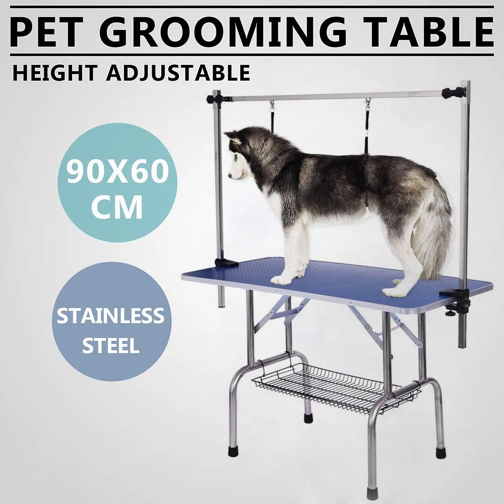 Mesa de peluquería para Mascotas, Resistente, con Soporte Ajustable para los Brazos y Superficie Antideslizante, 90x60x76 cm, para Uso Profesional y doméstico.