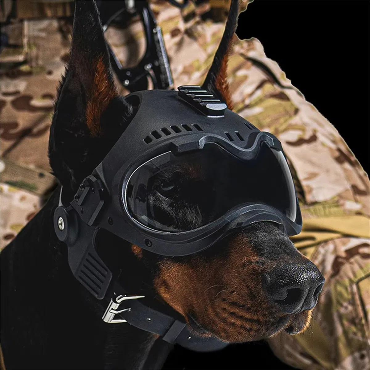 Casco Táctico K9 Perros Caza con Gafas Protectoras Exteriores para Terrier Belga Holandés Pastor Alemán Tamaño Mediano(Tan)