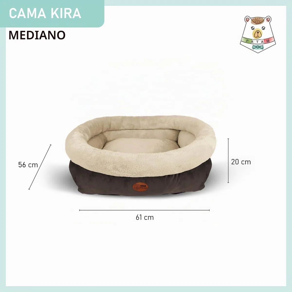 PATAM Cama para Perros y Gatos para Interior, Suave y Antideslizante, Funda Lavable a máquina - Kira Beige, Medium 61 x 56 x 20 cm