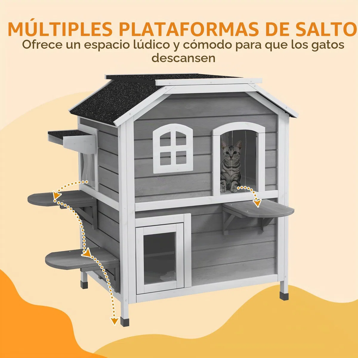 Casa para Gatos PawHut con tejado de Asfalto, caseta Exterior para Gatos con escaleras, Chalet para Gatos de 2 Plantas, Impermeable, jardín, Madera de Abeto, Gris, 78 x 55,5 x 91 cm | Impermeable, caseta para gatos con techo de asfalto, tapa plegable, esc