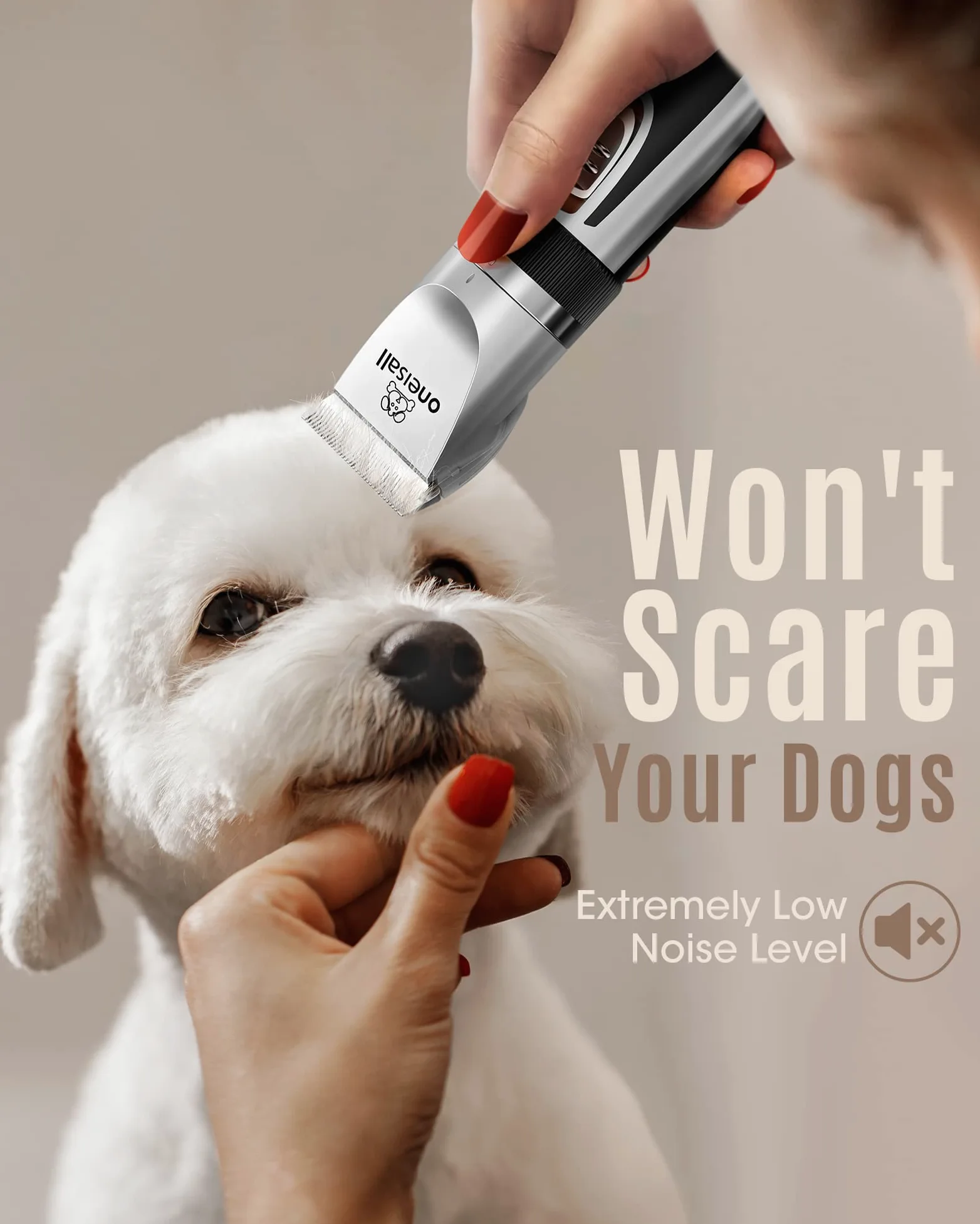 oneisall Cortapelos para perros de bajo ruido, 2 velocidades, kit de aseo silencioso recargable inalámbrico para mascotas cortapelos para perros pequeños y grandes, gatos y animales (plata)