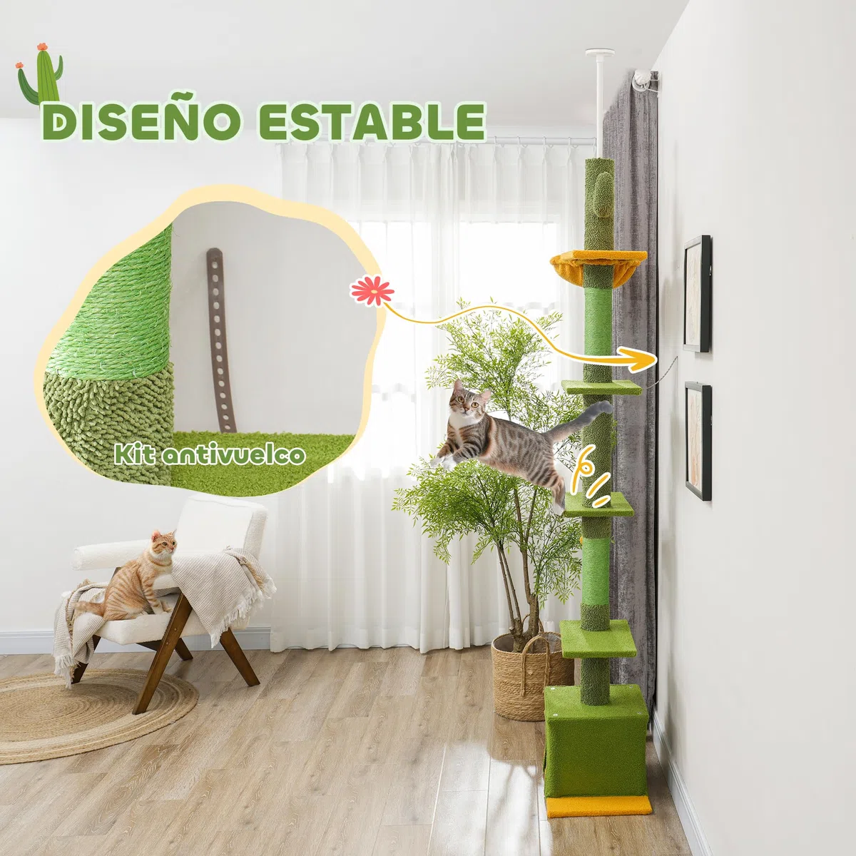 PawHut Árbol para Gatos de Suelo a Techo de 230-275 cm Torre Verde | Altura Ajustable, Plataformas, Cueva, Hamaca, Postes de Sisal, Bola de Juguete