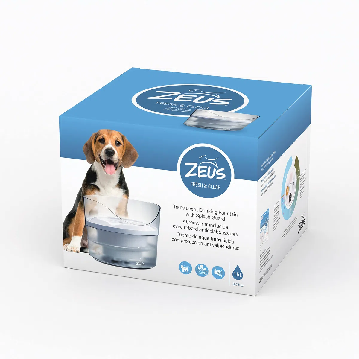 Bebedero Fuente Fresca y Transparente para Perros con Protector contra Salpicaduras Zeus Fresh & Clear, 1,5 l