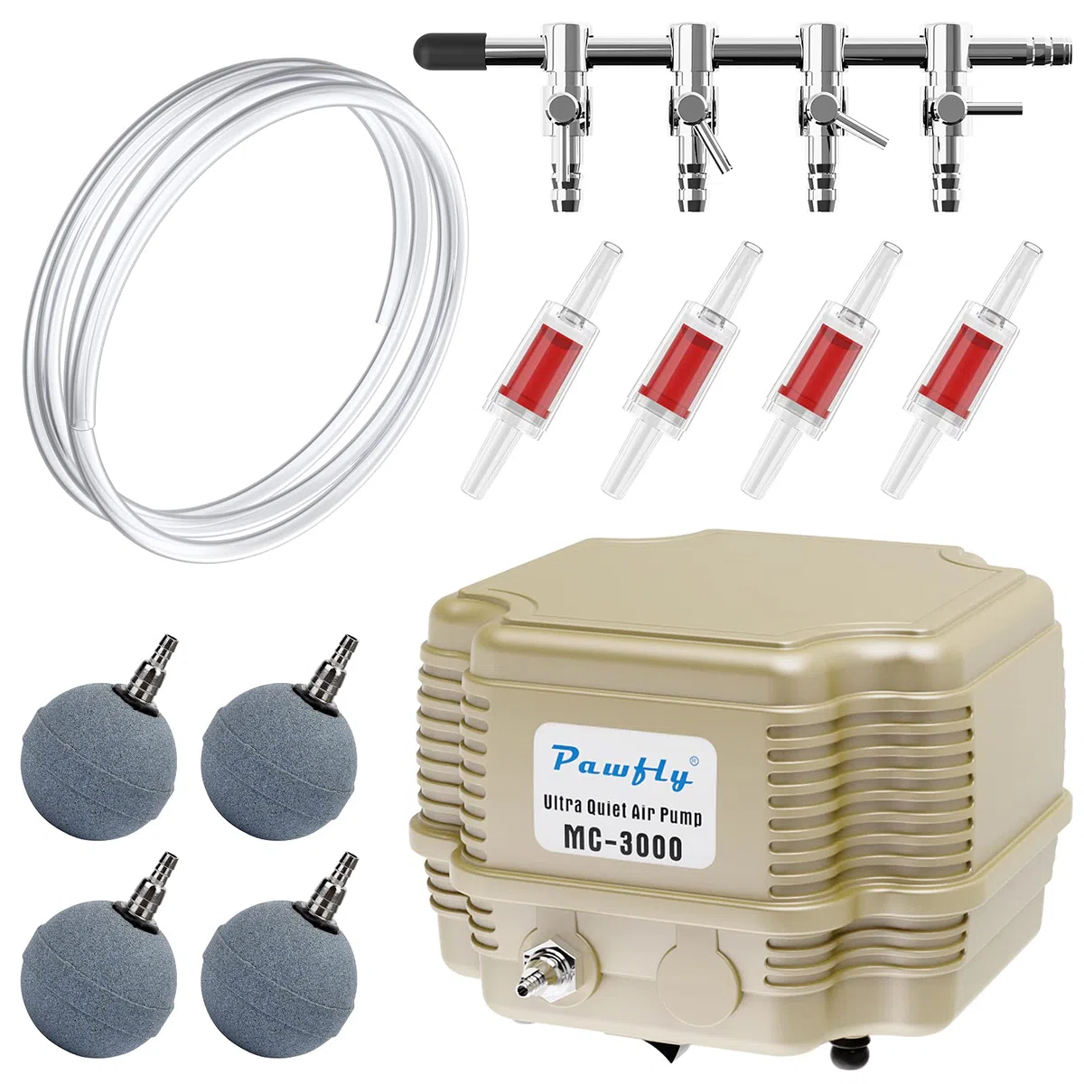Pawfly Bomba Aire para Acuario Comercial de 16 L/min 7 W Oxigenador Acuario Silencioso Ajustable con Distribuidor Oxígeno y Tubería de Aire para Peceras Estanques y Sistemas DWC hasta 1000 L