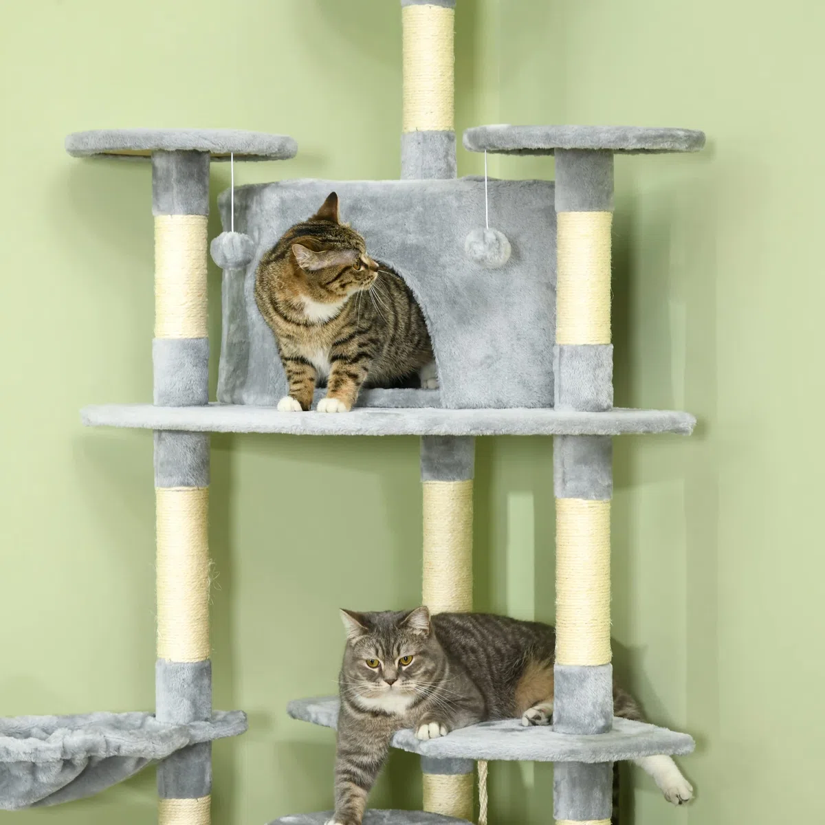 PawHut Árbol Rascador para Gatos Altura 200 cm Torre 60x60x200 cm Gris | Torre para Gatos, 2 Cuevas, 2 Hamacas, Cama, Múltiples Plataformas, Postes de Sisal, Bolas de Juguete