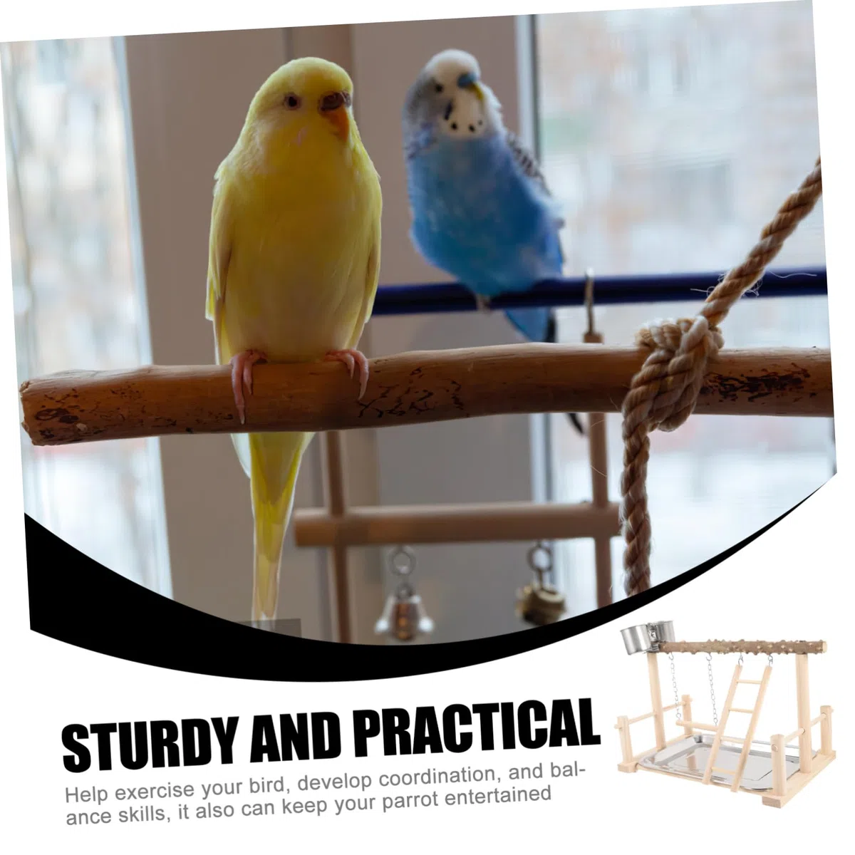 Housoutil de Madera para Pájaros Percha Natural y Comedero Doble, Estación de Entrenamiento para Aves Que Fomenta Ejercicio y Mejora Coordinación