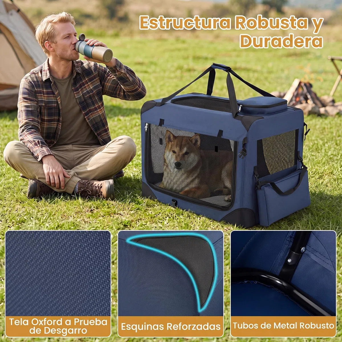 COSTWAY Transportín para Perros Plegable, Bolsa Transporte para Gatos con Ventanas de Malla, 3 Puertas y Bolsillos Extraíbles, Portador de Viaje para Mascotas Interior y Exterior (Azul,Large)