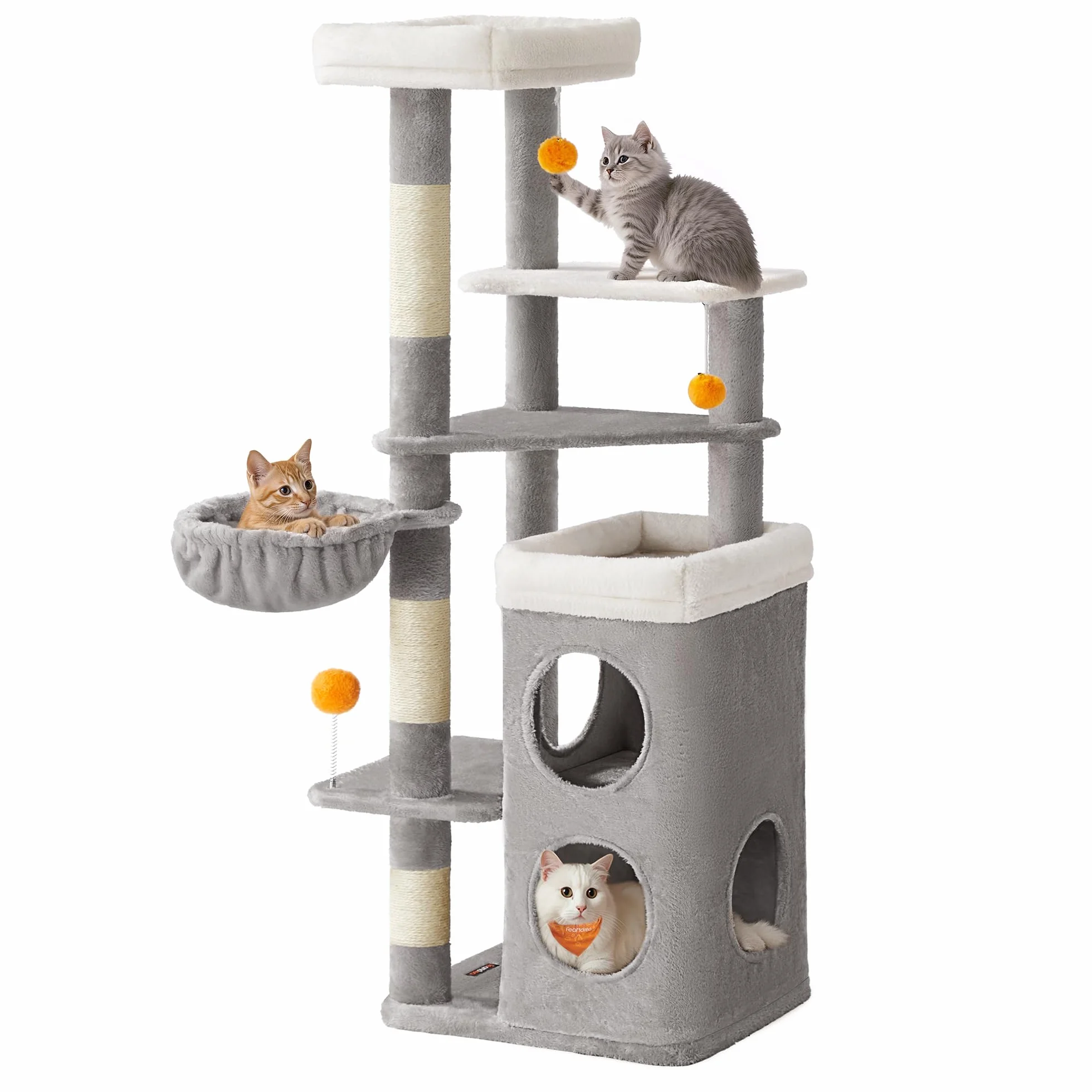 Feandrea Árbol Alto para Gatos, Altura de 152 cm, Rascador Multinivel con 2 Cuevas Grandes, una Hamaca, 3 Columnas para Arañarse, 3 Plataformas, Gris Paloma PCT007G01